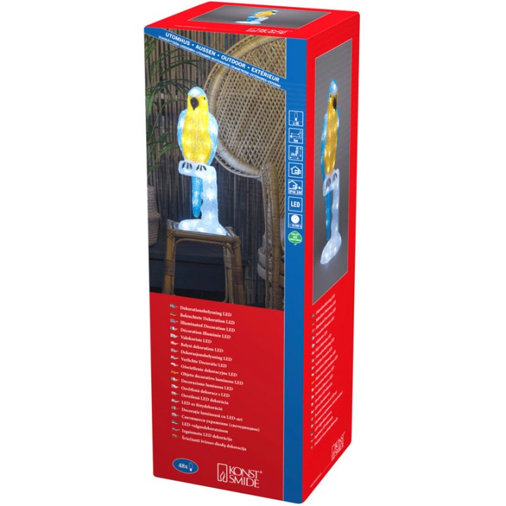 Perroquet lumineux 50 cm en acrylique, 48 diodes blanc chaud