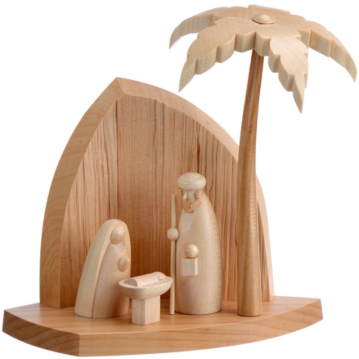 Crèche en bois avec un palmier et la nativité