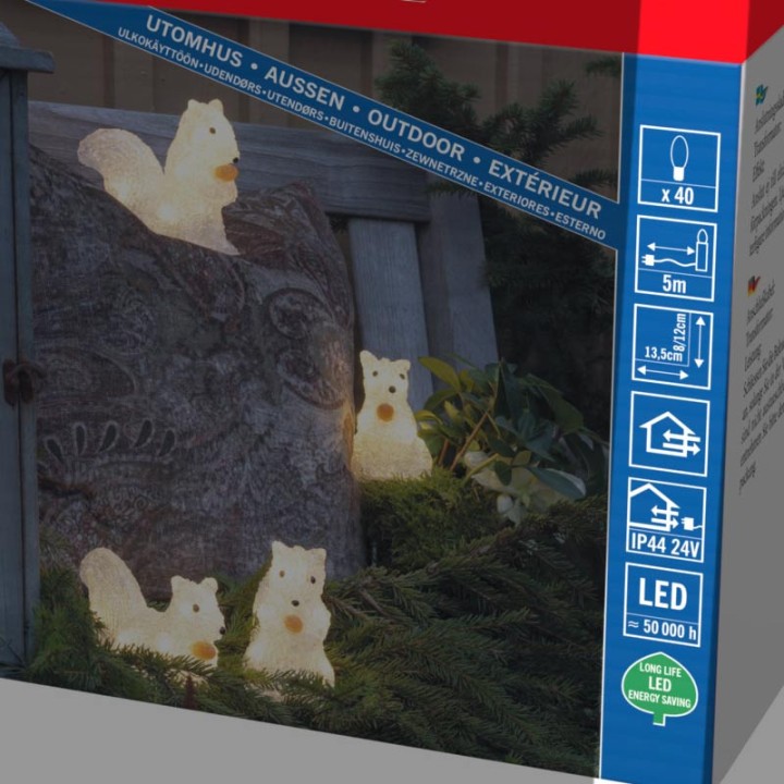 Écureuils lumineux 12 cm en acrylique, 40 diodes blanc chaud