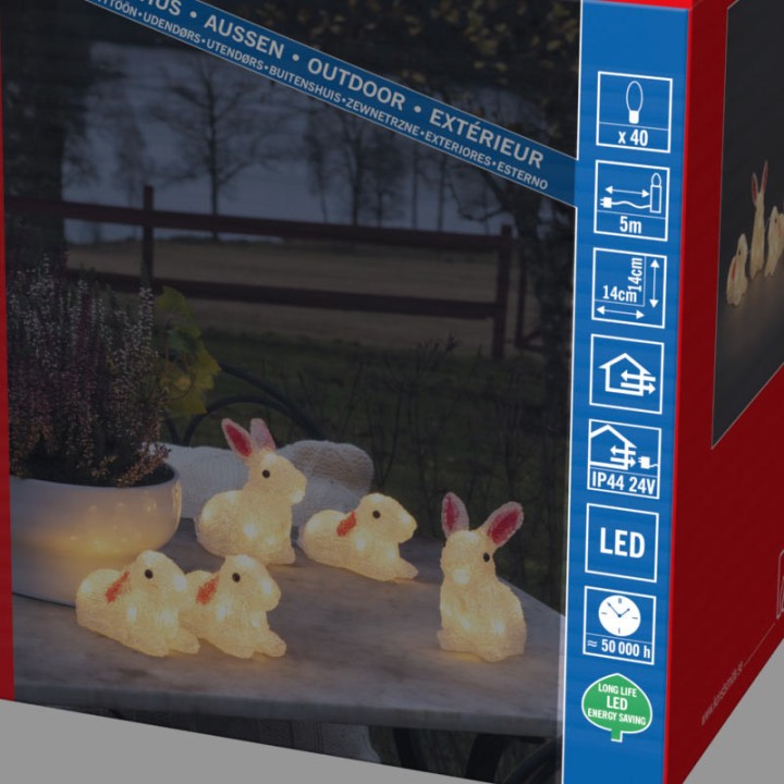 Lapins lumineux 14 cm en acrylique, 40 diodes blanc chaud