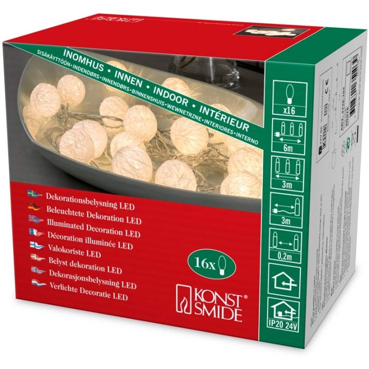 Guirlande lumineuse décorative à LED, boules de coton blanches, 16 diodes