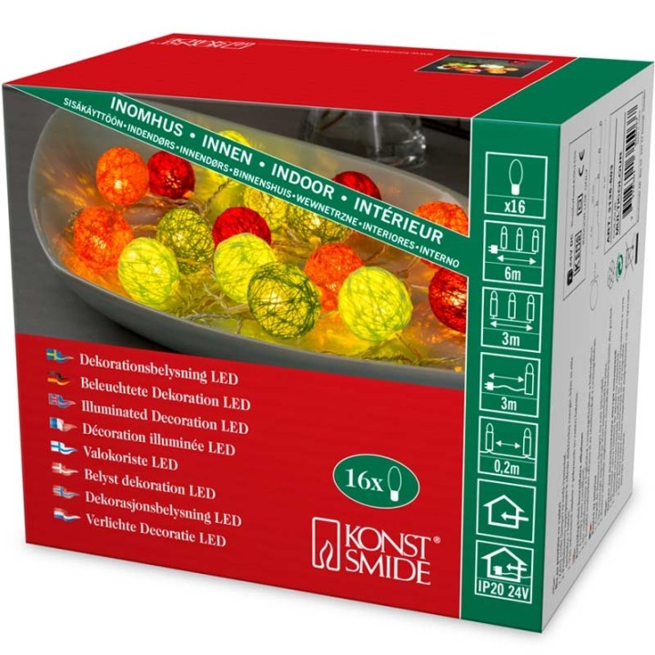 Guirlande lumineuse décorative à LED, boules de coton multicolores, 16 diodes