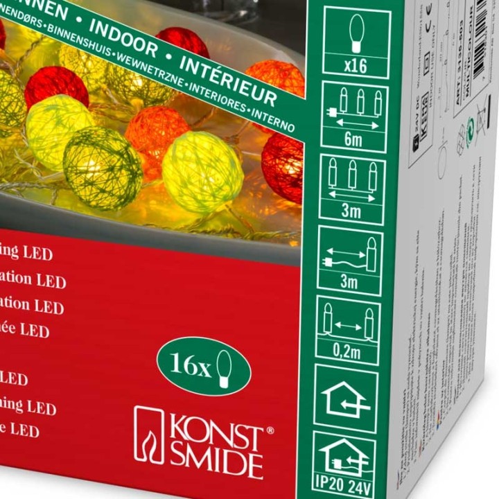 Guirlande lumineuse décorative à LED, boules de coton multicolores, 16 diodes