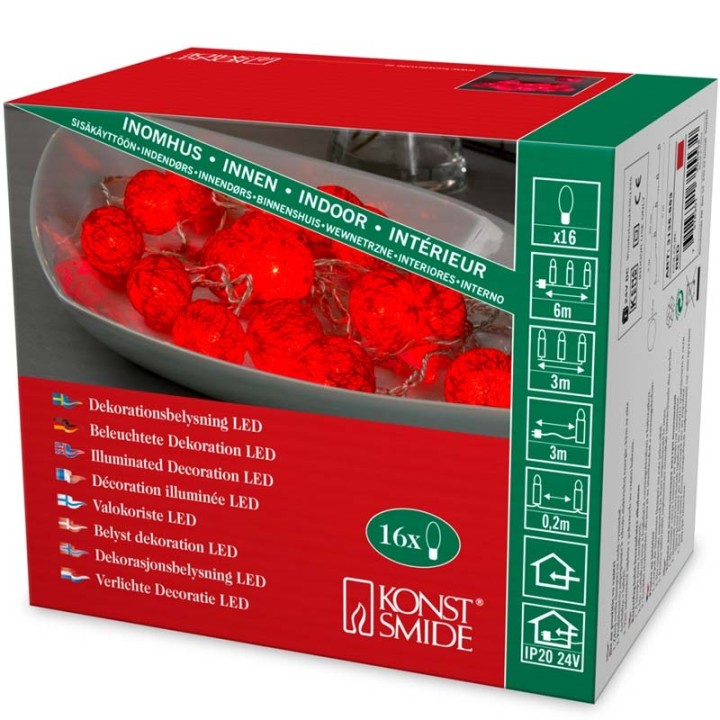 Guirlande lumineuse décorative à LED, boules de coton rouges, 16 diodes rouges