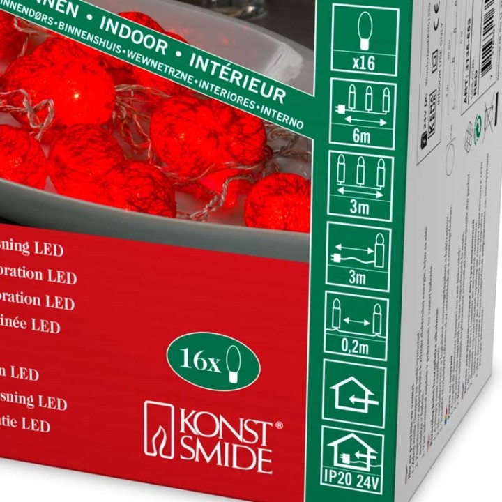 Guirlande lumineuse décorative à LED, boules de coton rouges, 16 diodes rouges
