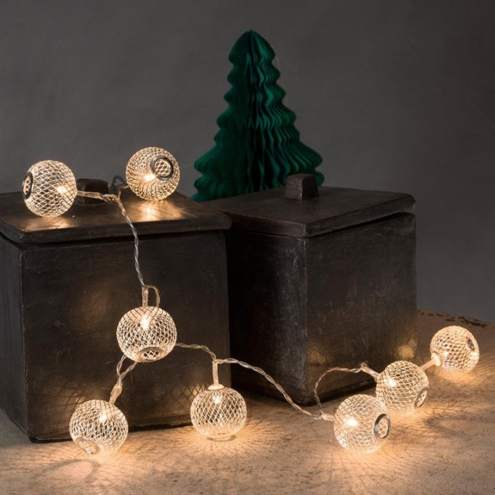 Guirlande lumineuse décorative à LED, boules en métal argentées, 10 diodes
