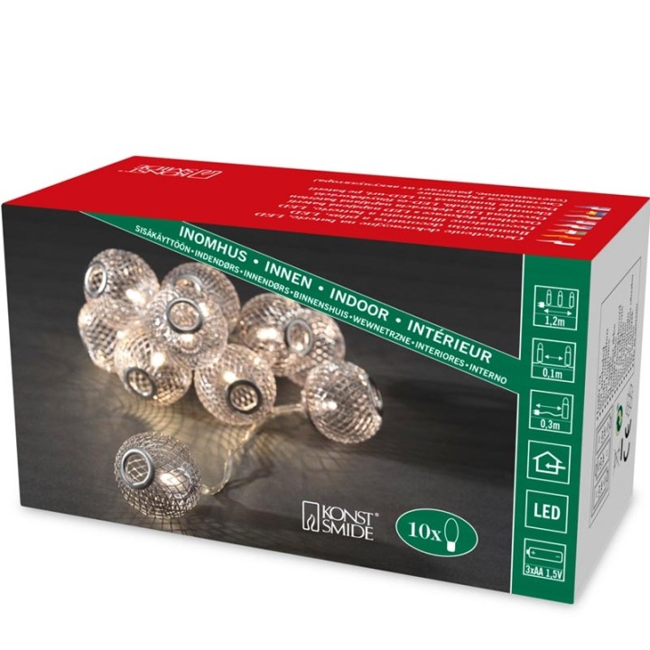 Guirlande lumineuse décorative à LED, boules en métal argentées, 10 diodes