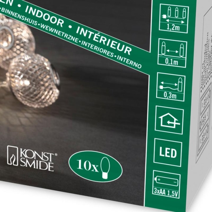 Guirlande lumineuse décorative à LED, boules en métal argentées, 10 diodes