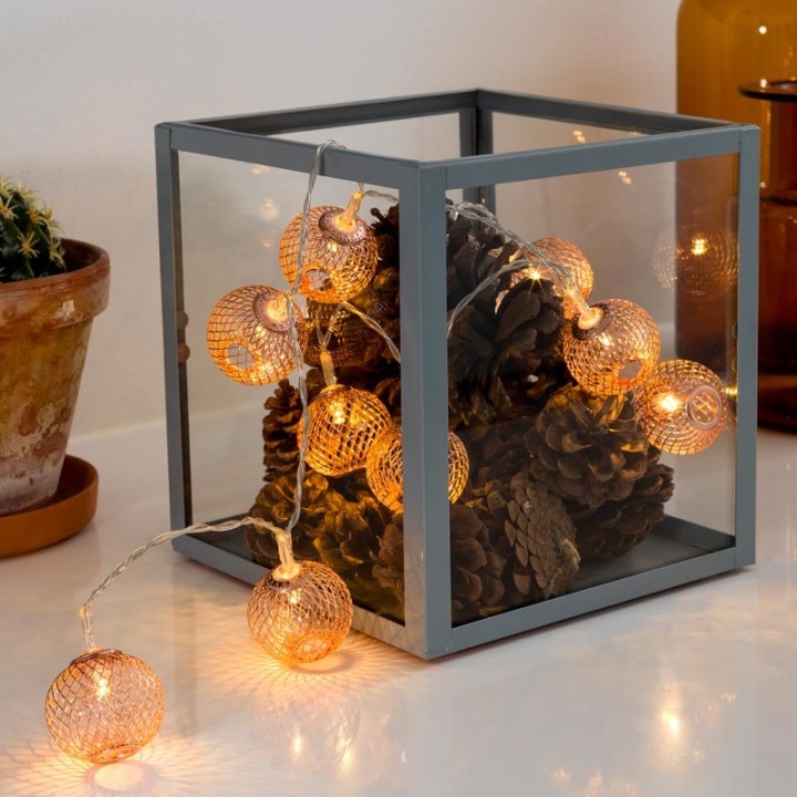 Guirlande lumineuse décorative à LED, boules en métal cuivrées, 10 diodes
