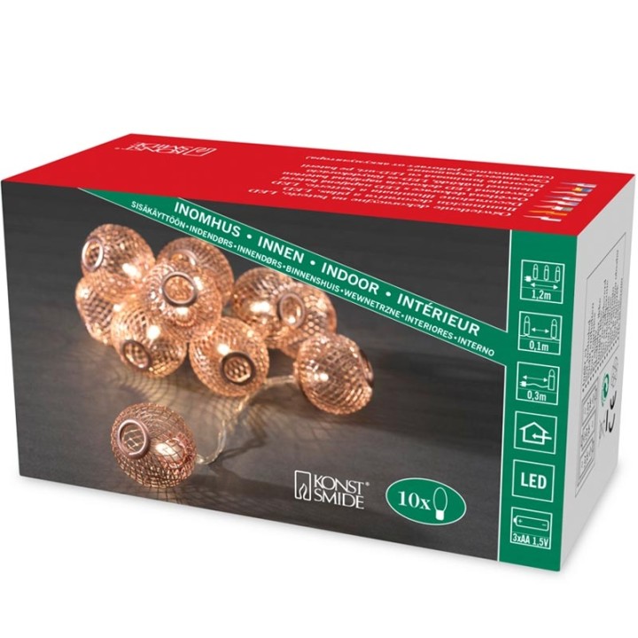 Guirlande lumineuse décorative à LED, boules en métal cuivrées, 10 diodes