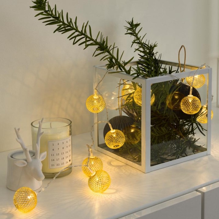 Guirlande lumineuse décorative à LED, boules en métal dorées, 10 diodes