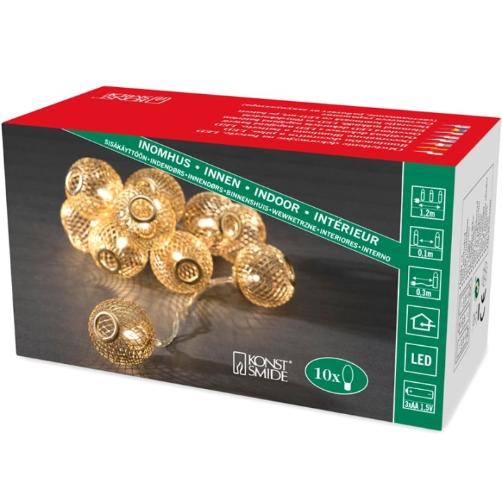 Guirlande lumineuse décorative à LED, boules en métal dorées, 10 diodes