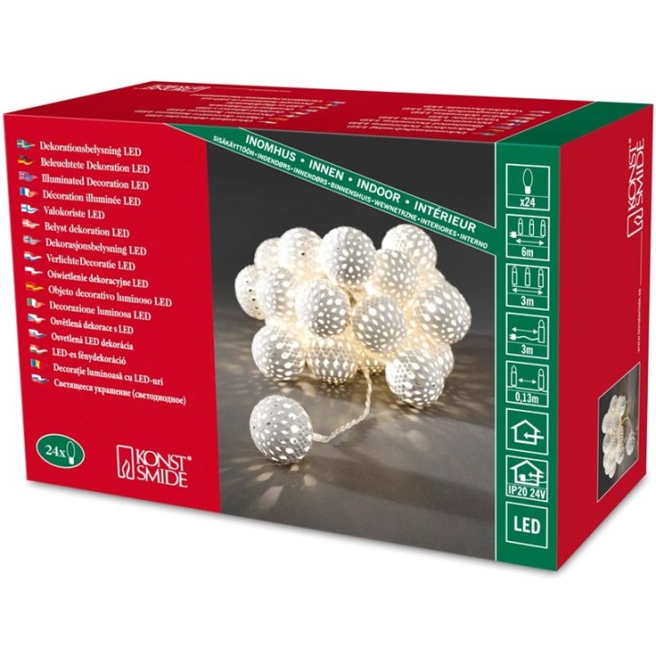 Guirlande lumineuse décorative à LED, boules en métal blanches, 24 diodes