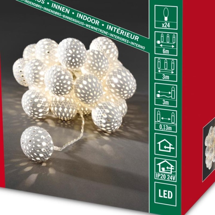 Guirlande lumineuse décorative à LED, boules en métal blanches, 24 diodes