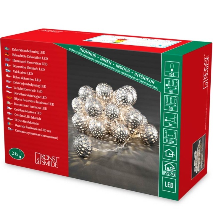Guirlande lumineuse décorative à LED, balles en métal argentées, 24 diodes