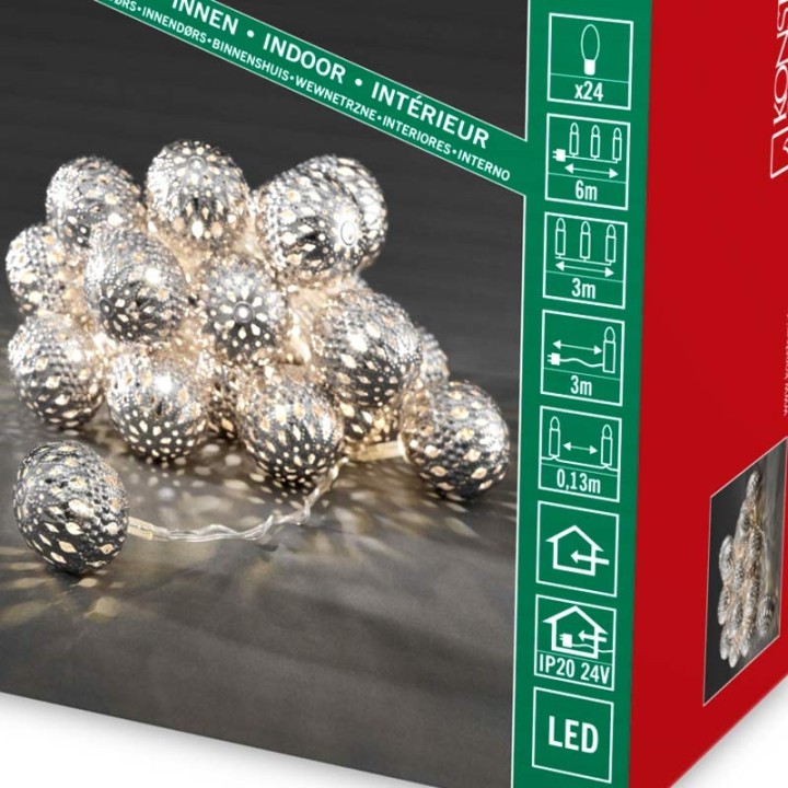 Guirlande lumineuse décorative à LED, balles en métal argentées, 24 diodes