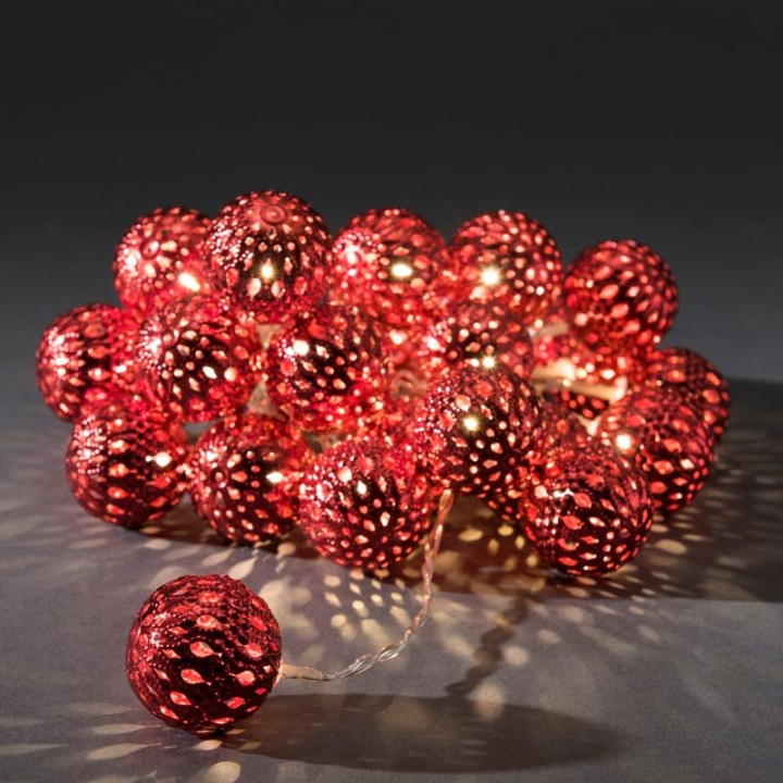 Guirlande lumineuse boules métal rouge, 24 diodes LED 