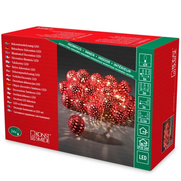 Guirlande lumineuse boules métal rouge, 24 diodes LED 