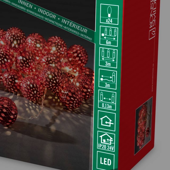 Guirlande lumineuse boules métal rouge, 24 diodes LED 