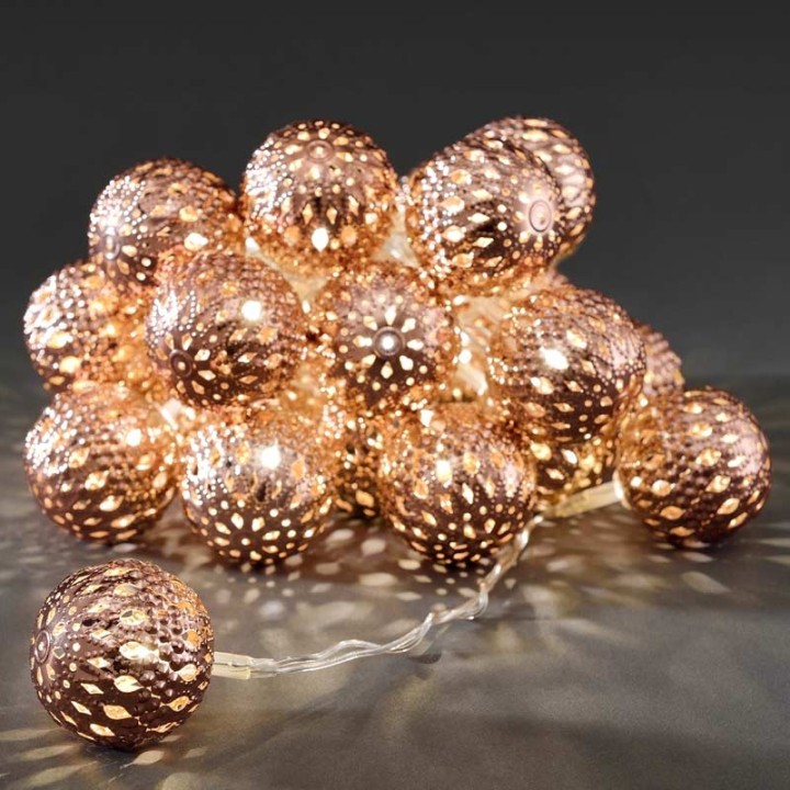Guirlande lumineuse décorative à LED, boules en métal couleur bronze, 24 diodes