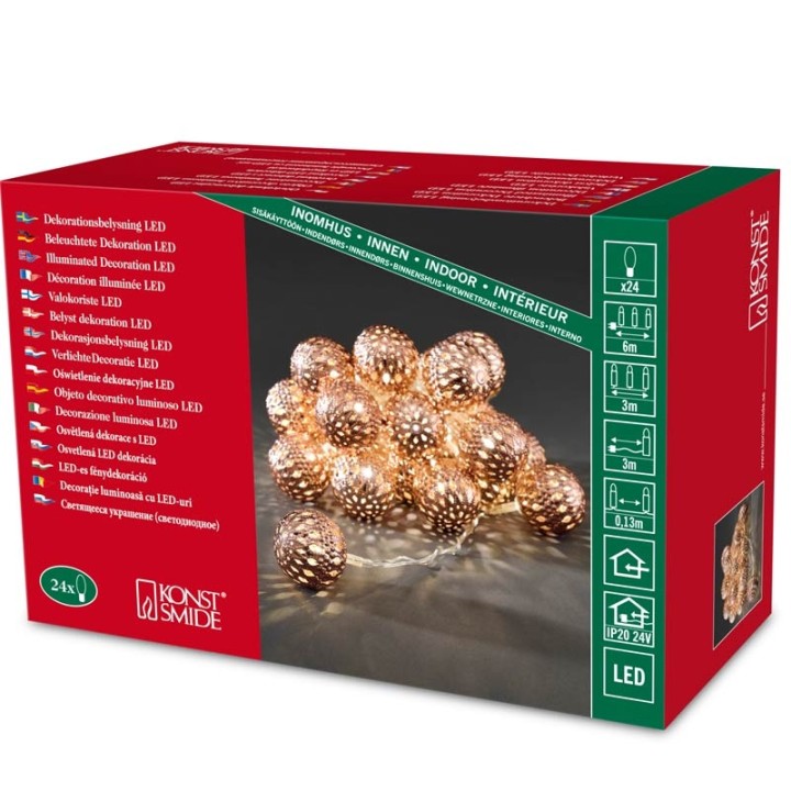 Guirlande lumineuse décorative à LED, boules en métal couleur bronze, 24 diodes