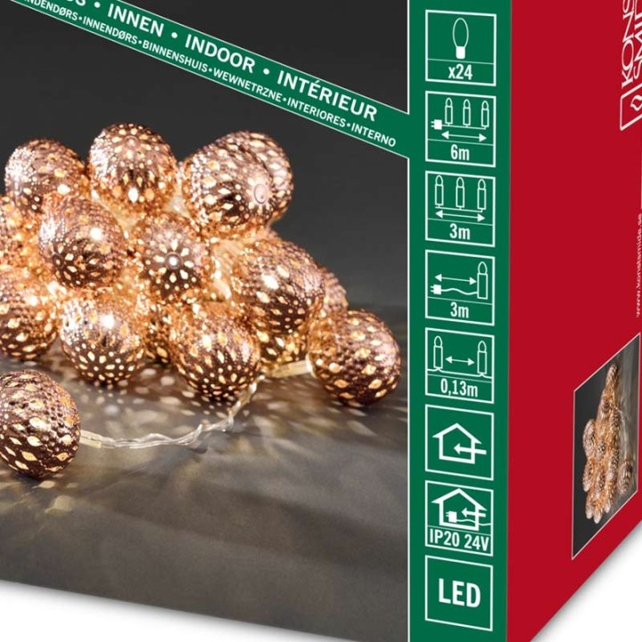 Guirlande lumineuse décorative à LED, boules en métal couleur bronze, 24 diodes