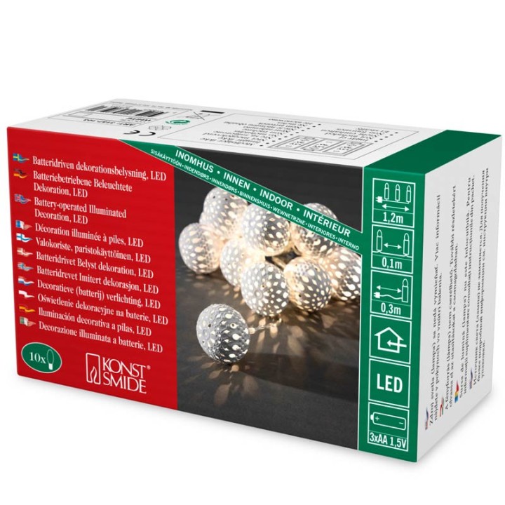 Guirlande lumineuse à piles, boules métal blanches, 10 diodes LED 