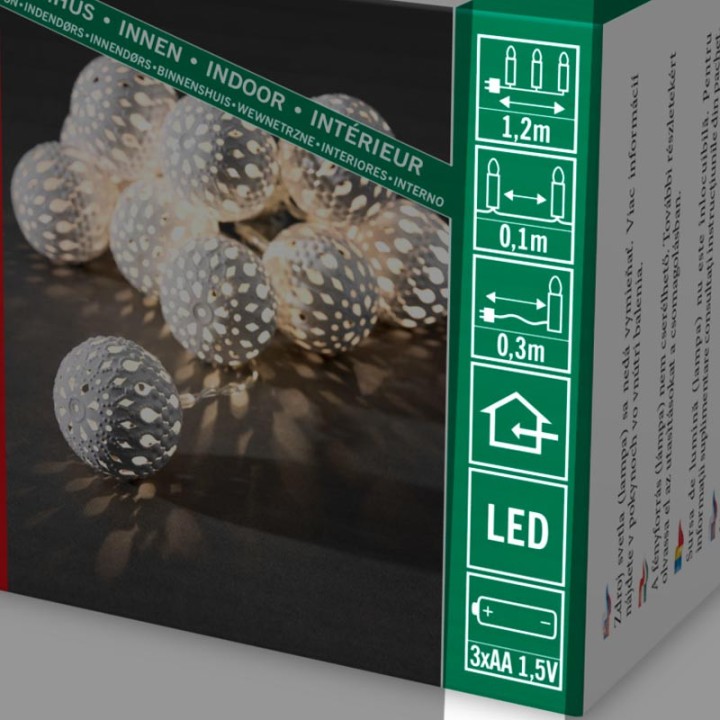 Guirlande lumineuse à piles, boules métal blanches, 10 diodes LED 