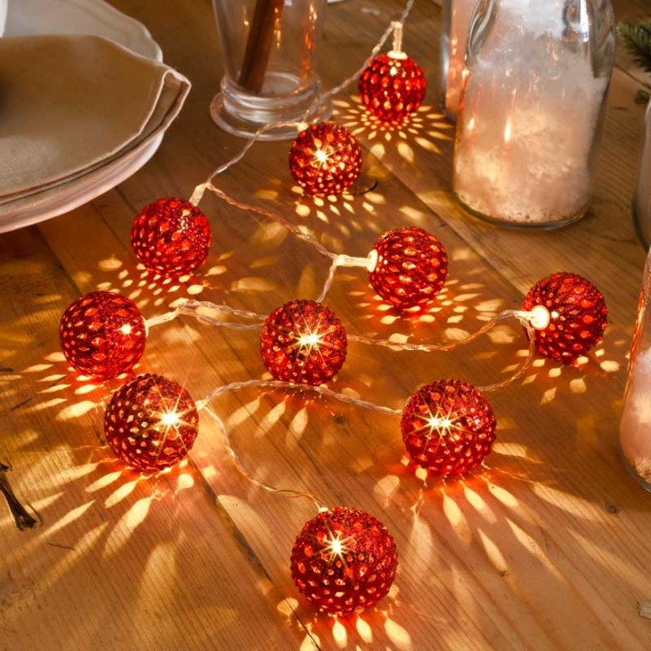 Guirlande lumineuse décorative à LED, grosses billes métalliques rouges,10_diodes blanc chaud,à piles, intérieur,câble transpare