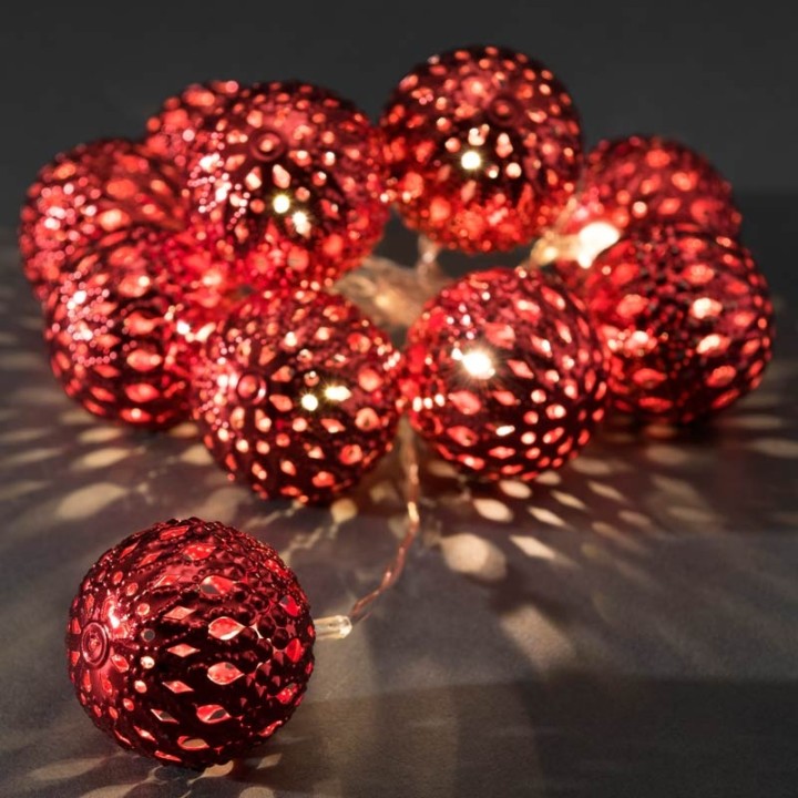 Guirlande lumineuse décorative à LED, grosses billes métalliques rouges,10_diodes blanc chaud,à piles, intérieur,câble transpare