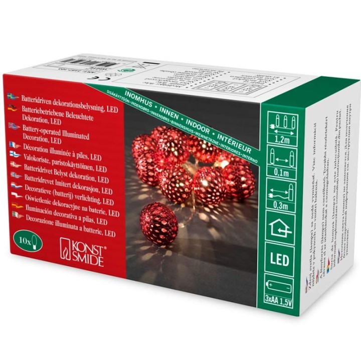 Guirlande lumineuse décorative à LED, grosses billes métalliques rouges,10_diodes blanc chaud,à piles, intérieur,câble transpare