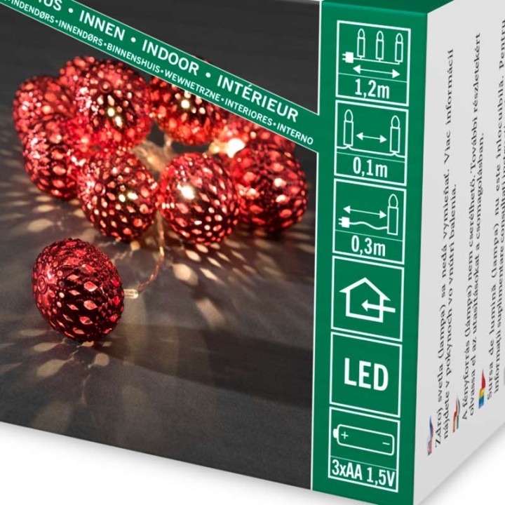 Guirlande lumineuse décorative à LED, grosses billes métalliques rouges,10_diodes blanc chaud,à piles, intérieur,câble transpare