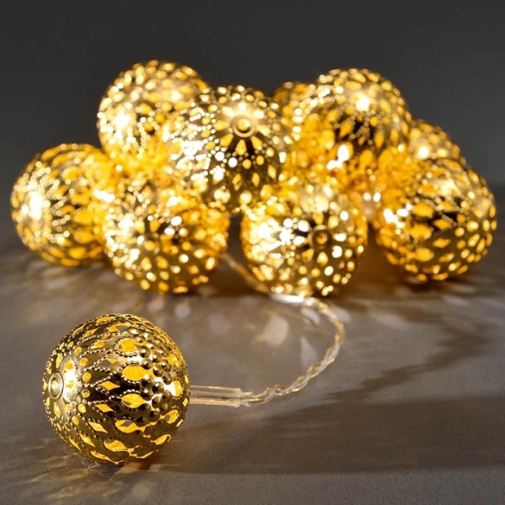 Guirlande lumineuse décorative à LED, grosses boules en métal dorées,10_diodes blanc chaud,à piles, intérieur,câble transparent