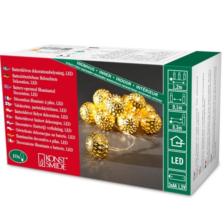 Guirlande lumineuse décorative à LED, grosses boules en métal dorées,10_diodes blanc chaud,à piles, intérieur,câble transparent