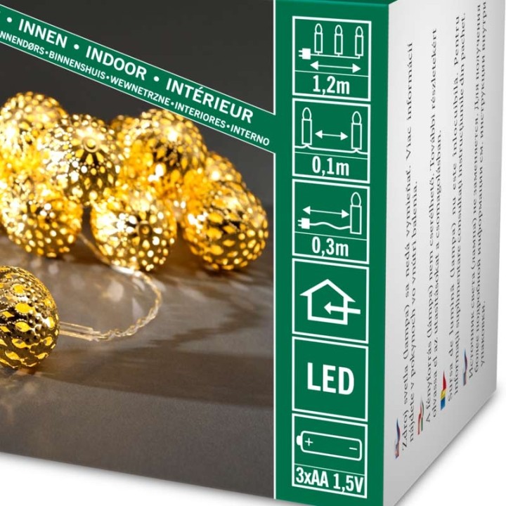 Guirlande lumineuse décorative à LED, grosses boules en métal dorées,10_diodes blanc chaud,à piles, intérieur,câble transparent