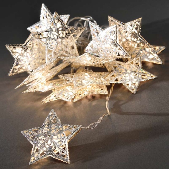 Guirlande étoiles lumineuses LED, en métal argent, 16 diodes