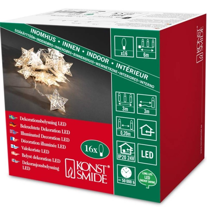 Guirlande étoiles lumineuses LED, en métal argent, 16 diodes