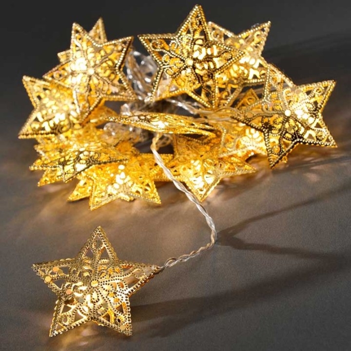 Guirlande étoiles lumineuses LED, en métal dorées, 16 diodes 