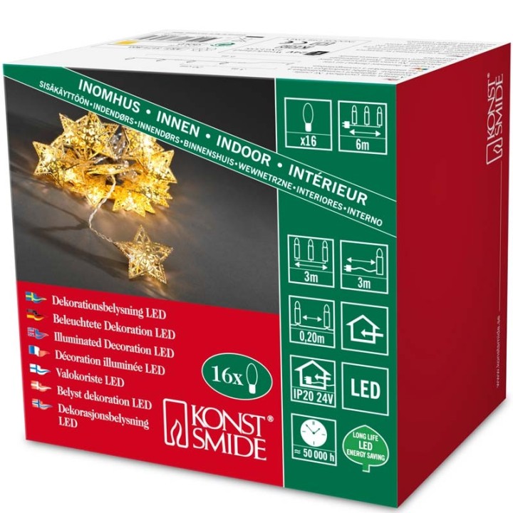 Guirlande étoiles lumineuses LED, en métal dorées, 16 diodes 