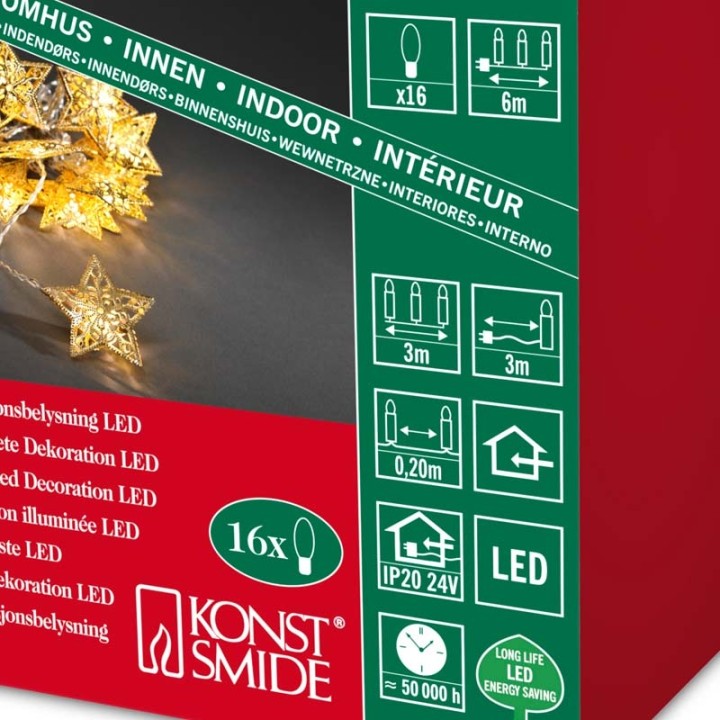 Guirlande étoiles lumineuses LED, en métal dorées, 16 diodes 