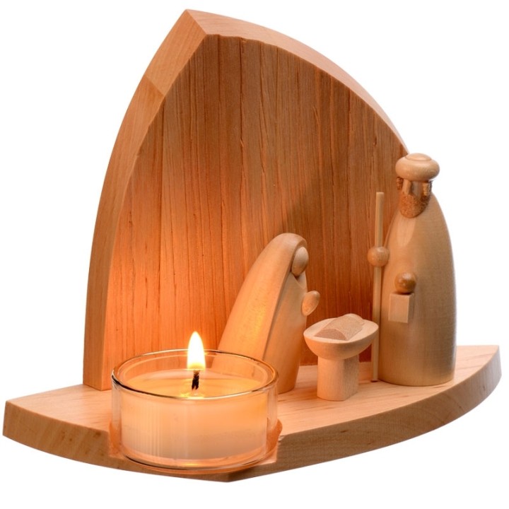 
Crèche de Noël en bois avec un photophore
