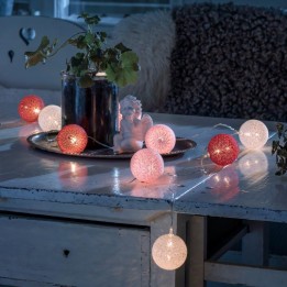 Guirlande lumineuse boules coton blanches/rouges/roses,10 diodes LED