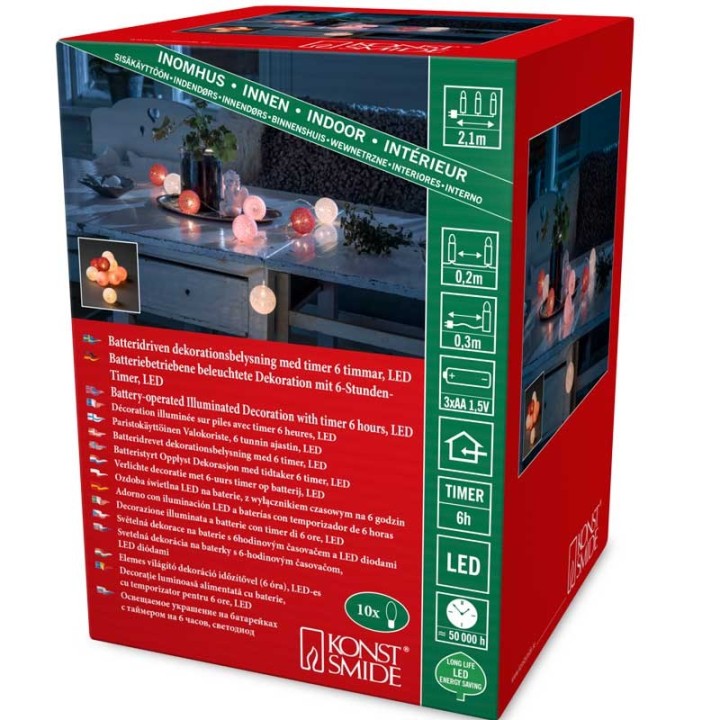 Guirlande lumineuse boules coton blanches/rouges/roses,10 diodes LED