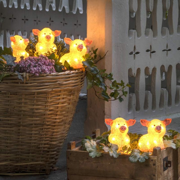 Petits cochons roses lumineux en acrylique LED 12,5 cm, lot de 5