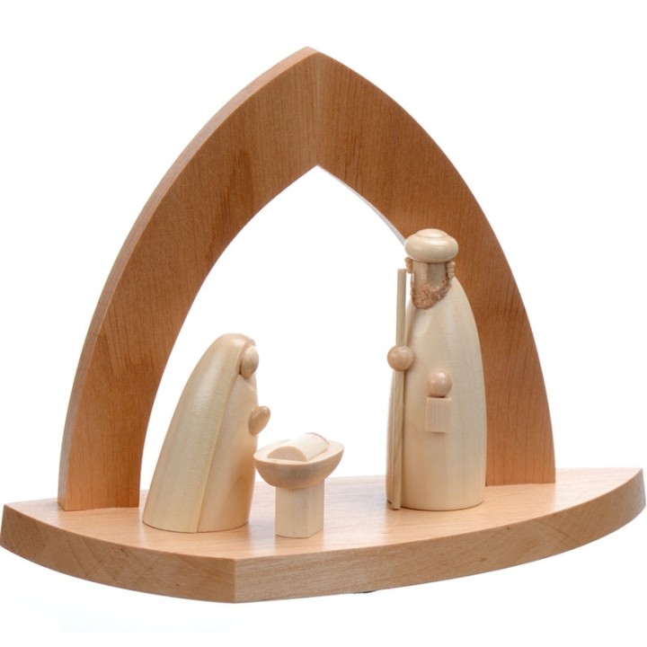 Crèche en bois en forme d'arche avec personnages 