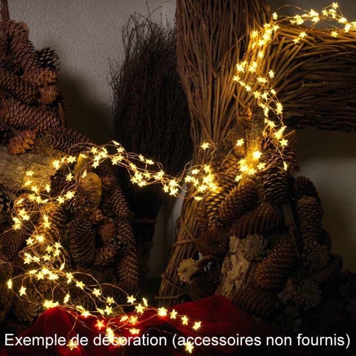 Guirlande lumineuse LED à lamelles étoilées, 200 diodes blanc chaud, fil cuivré