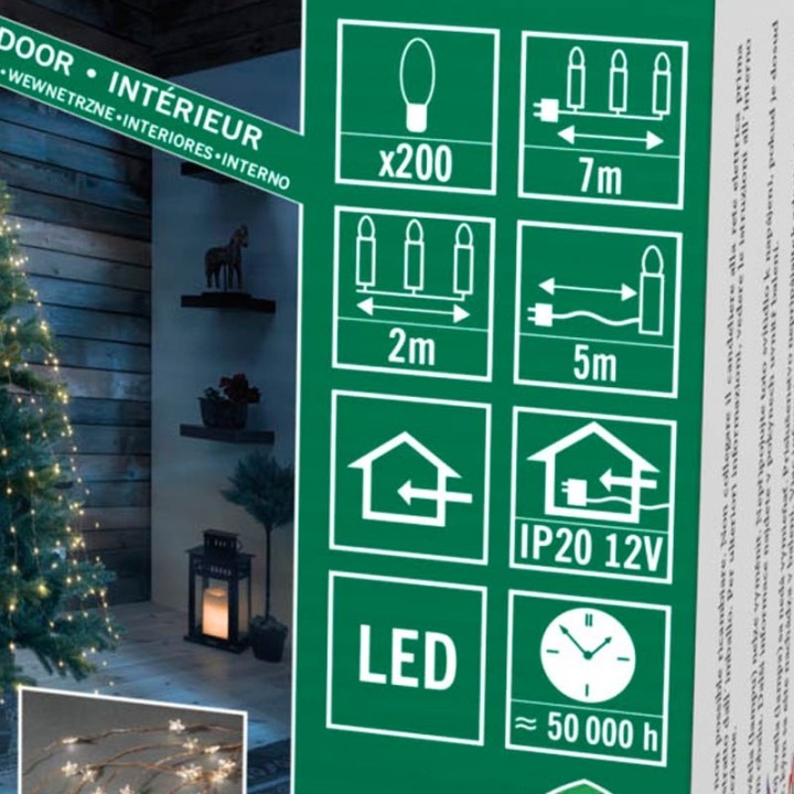 Guirlande lumineuse LED à lamelles étoilées, 200 diodes blanc chaud, fil cuivré