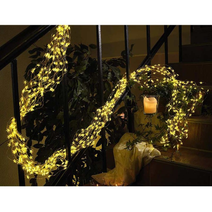 Guirlande lumineuse LED à lamelles étoilées, 200 diodes blanc chaud, fil doré 