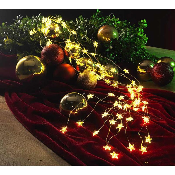 Guirlande lumineuse LED à lamelles étoilées, 200 diodes blanc chaud, fil doré 
