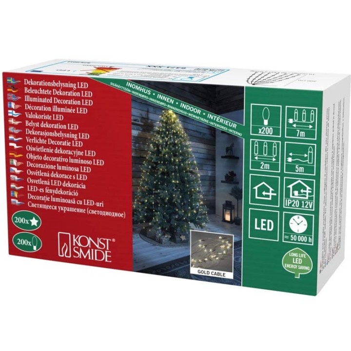 Guirlande lumineuse LED à lamelles étoilées, 200 diodes blanc chaud, fil doré 